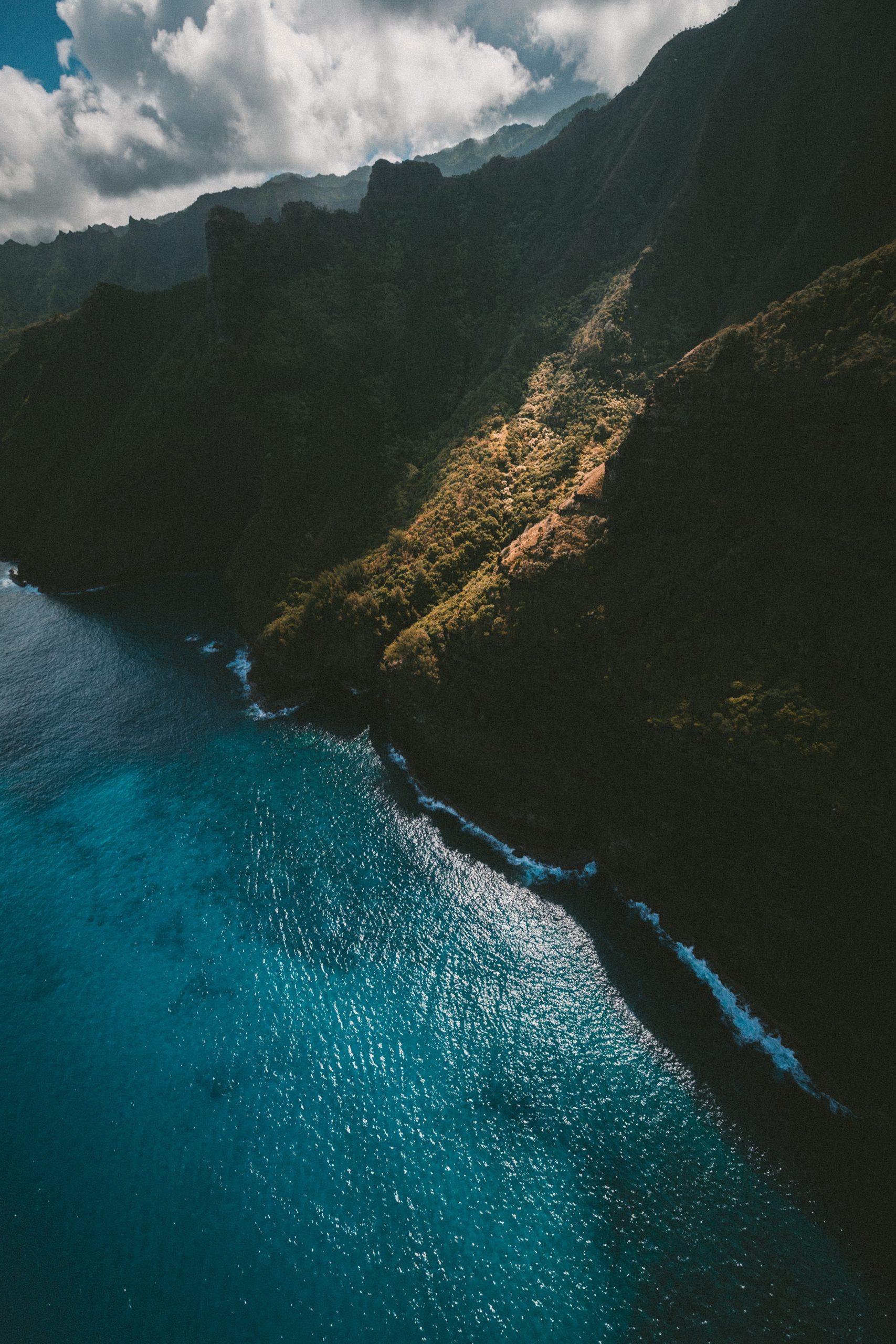 bird's eye view of mountain and ocean